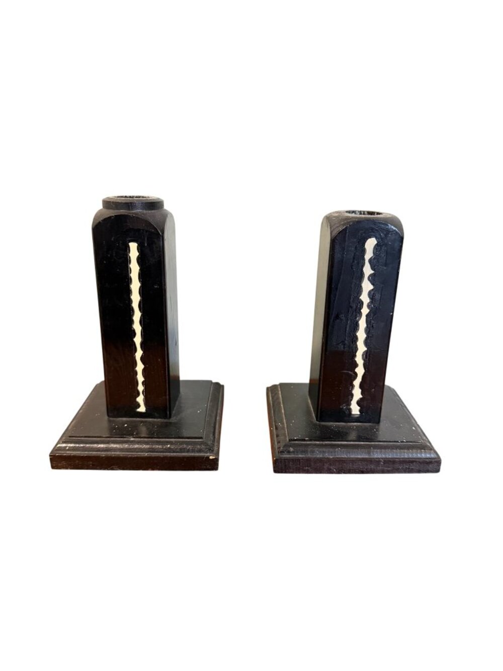 Vintage Wooden Candle Holder Pair 6" Black White Square Base Decorative Design